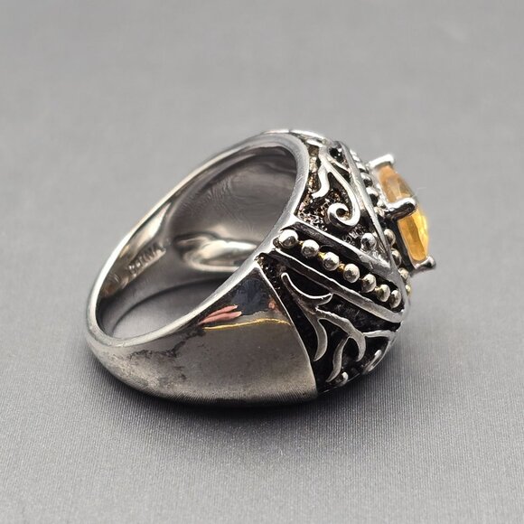 Sterling Silver & Citrine Dome Ring Size 6.5 Ornate Scrollwork Signed K 9.91g - Picture 4 of 13